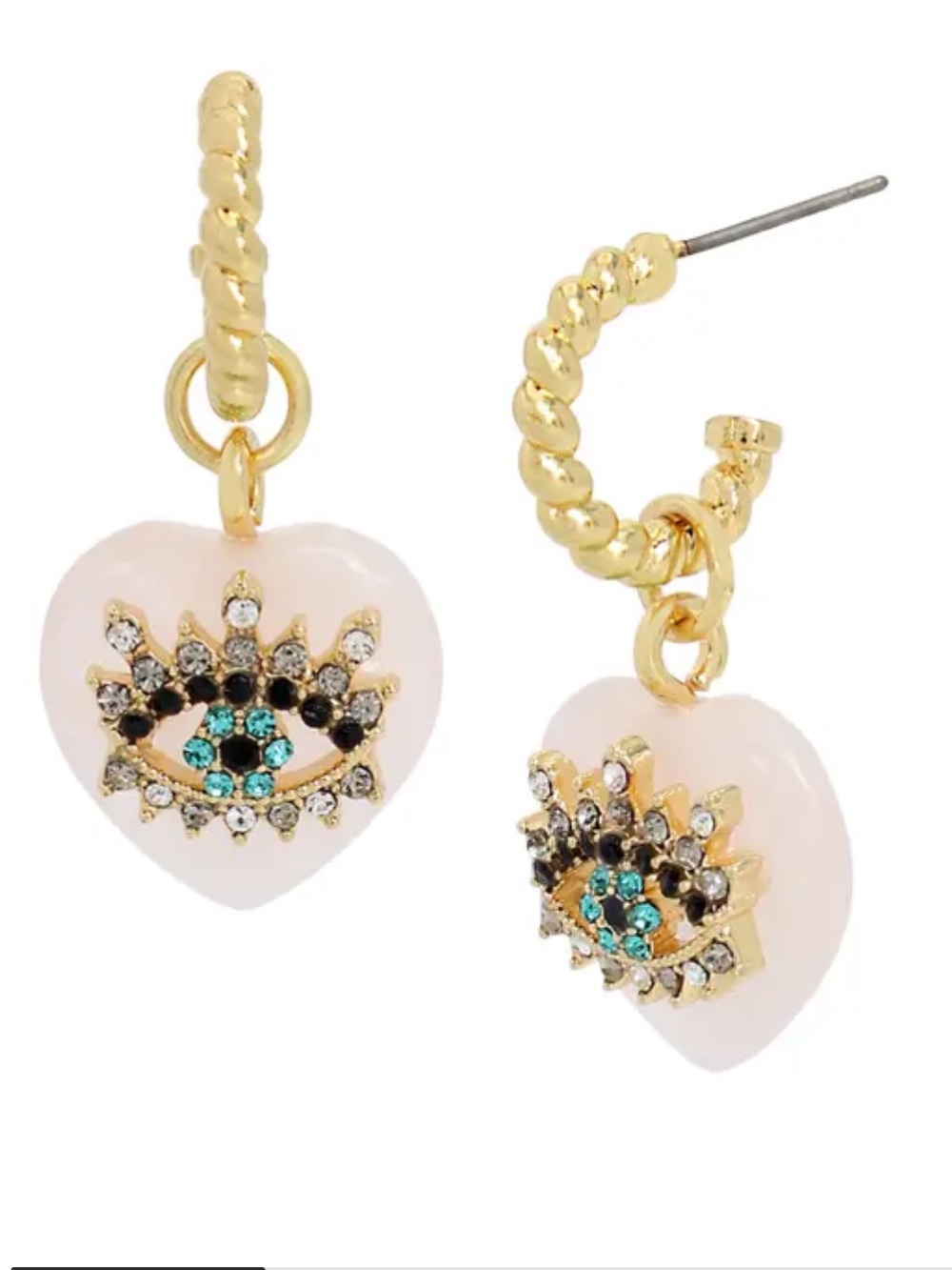 NWT KURT GEIGER GOLD TONE EVIL EYE & HEART DROP HOOP EARRINGS IN WHITE 1”